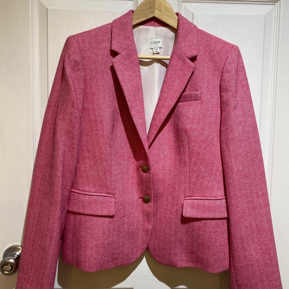 J. Crew Pink Wool Blazer Sz 14 herringbone gold buttons